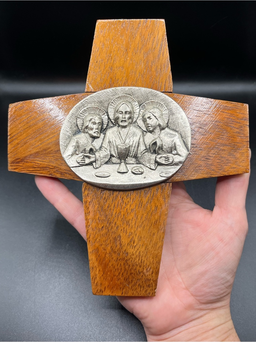 Vintage Handcrafted Brown Wood Cross with Silver-Tone Last Supper Plaque